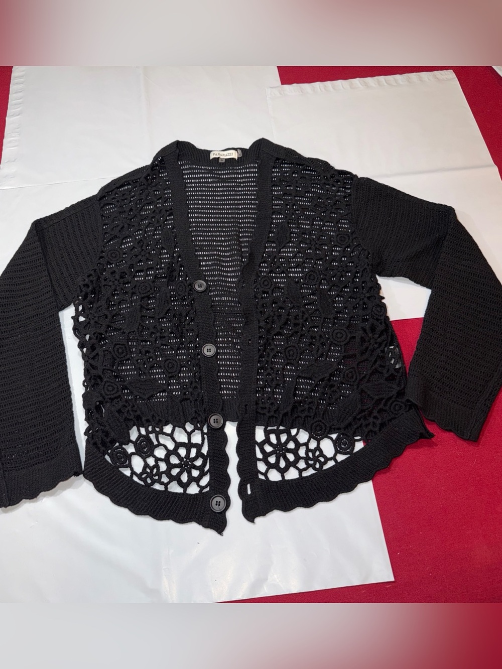 Paparazzi Black open-knit Floral crochet button up cardigan Sweater Boho Women M